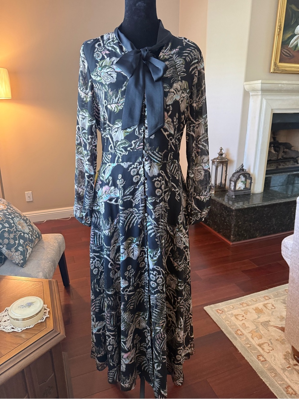 Banana Republic Black Floral Tie-Neck Long Sleeve Maxi Dress